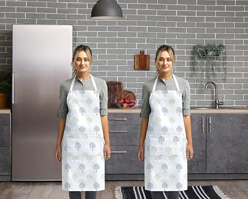 Image of Yaanthiv's Printed Cotton Kitchen Aprons | Unisex Aprons for Men and Women perfect for Home Kitchen, Restaurant, Coffee house, Cooking, Bar, Salon | Washable | Large Storage Pocket | Set of 2