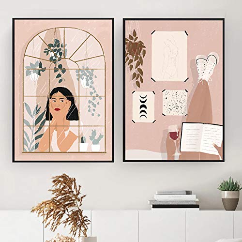 Peinture Abstraite Vintage Fille pour Salon - Lot de 2 Toiles Murale Nordique 50x75cm Sans Cadre