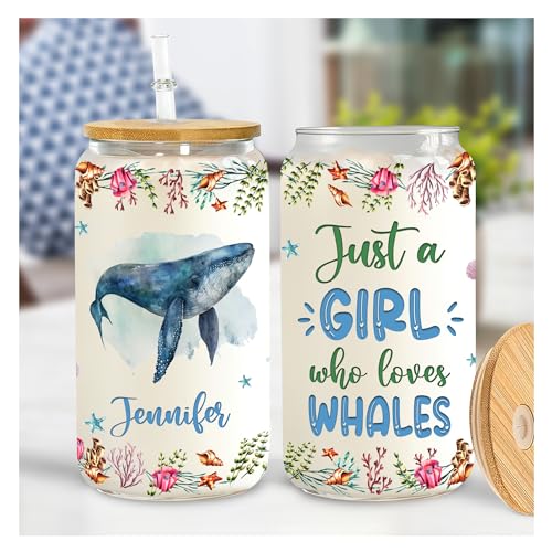 Hyturtle Personalized Glass Can Cup Gifts For Whale Lover - Custom Name Glass Cup 16 Oz For Her With Lids And Straws - Ideal Sea Animal Gifts For Women, Girls, Daughters On Birthday Christmas