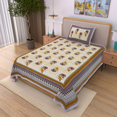 Image of 100% Cotton Single Bedsheet with 1 Pillow Cover | 240 TC Pure Cotton Flat Bed Sheet | Traditional Jaipuri Printed Bedding Set | Soft & Breathable | 60 x 90 Inch (Rangmahal Single 04)