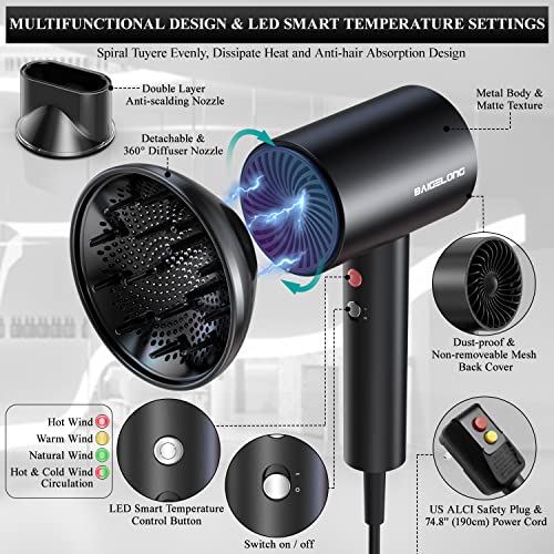 Ionic Hair Dryer, 1875W Led Smart Pro Salon Blow Dryer, Matte Metal Body Multi-Protection & Noise-Cancelling Hairdryer, Lightweight Constant Temp Negative Ions Hair Dryers, Black With Diffuser #TOP1