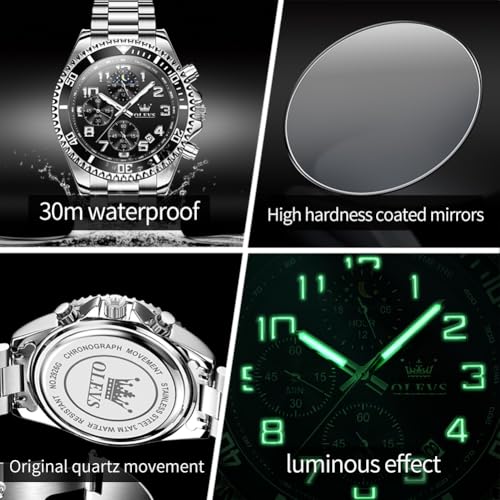 Image of OLEVS Watch Men Luxury Chronograph Stainless Steel Wrist Dress Waterproof Watch Quartz Analog Large Face Luminous