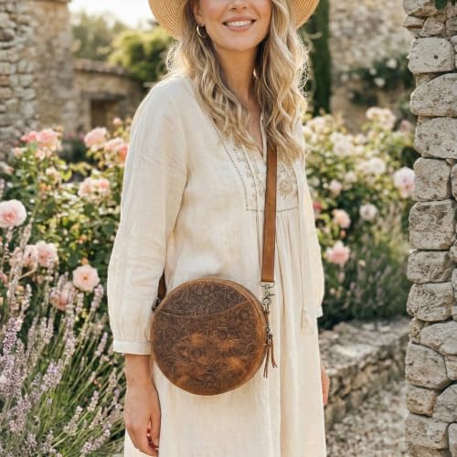 Image of S-ZONE Leather Crossbody Bags for Women Circle Shoulder Round Purse Travel