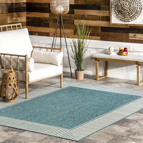 Nuloom Asha Teal/Ivory, 4' x 6', Casual, Striped Border, Soft and Cozy, High Traffic, Stain Resistant, Easy Clean, Durable Area Rug for Indoor/Outdoor Patio, Deck, Porch, Garden, Courtyard