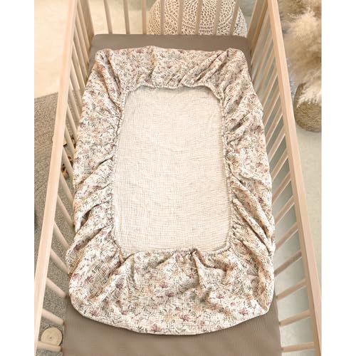Image of lulumoon Baby Crib Sheets Fitted: Soft Muslin Cotton Sheets for Standard Crib - Mocha Floral for Girls 2Pack