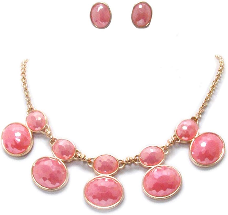 Fashion Jewelry ~ Pink Double Stone Link Chain Necklace and Earrings Set for Women Casual or Formal