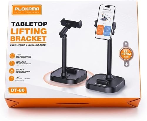 Plokama DT-80 TableTop mobile Phone stand, Table Stand, Adjustable Height 22-33cm, Phone Holder for Desk - Black