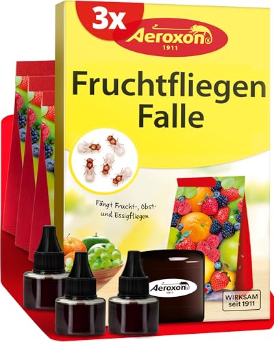 Aeroxon Fruchtfliegenfalle- 3 Stück Fruchtfliegen Falle Klebefalle - Mittel zur Fruchtfliegen bekämpfung, Fruchtfliege Fallen Innenbereich - Fleigenfallen für Küche