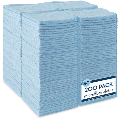 S&T INC. 200 Pack Microfiber Cleaning Cloth, Bulk Towels for Home, Reusable Microfiber Towels for Cars, Cleaning Rags, Light Blue, 11.5 Inches x 11.5 Inches, 200 Count