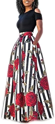 Miiyana Women's Cold Shoulder Two Piece Floral Print Long Party Skirts Dress L Rose