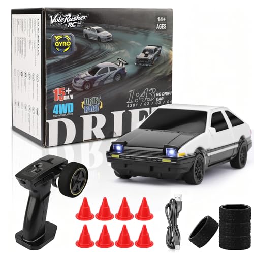 Image of [2026 New Upgrade 1 /43 Scale Mini RC Drift Car with Gyroscope, Toys for Age 8-14 Old Birthday Gifts, Micro Small with Full Proportional RTR 2.4GHz Remote 2 Tire Sets 8 Cones - White