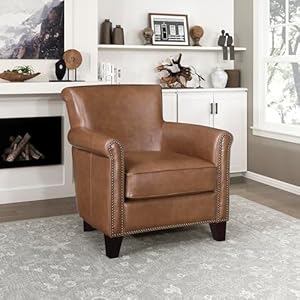 Lexicon Top Grain Genuine Leather Chair Accent Chairs for Living Room with Solid Wood Frame Rolled Armrest Nailhead Trim Comfy Reading Chair for Bedroom Office Waiting Room Cognac