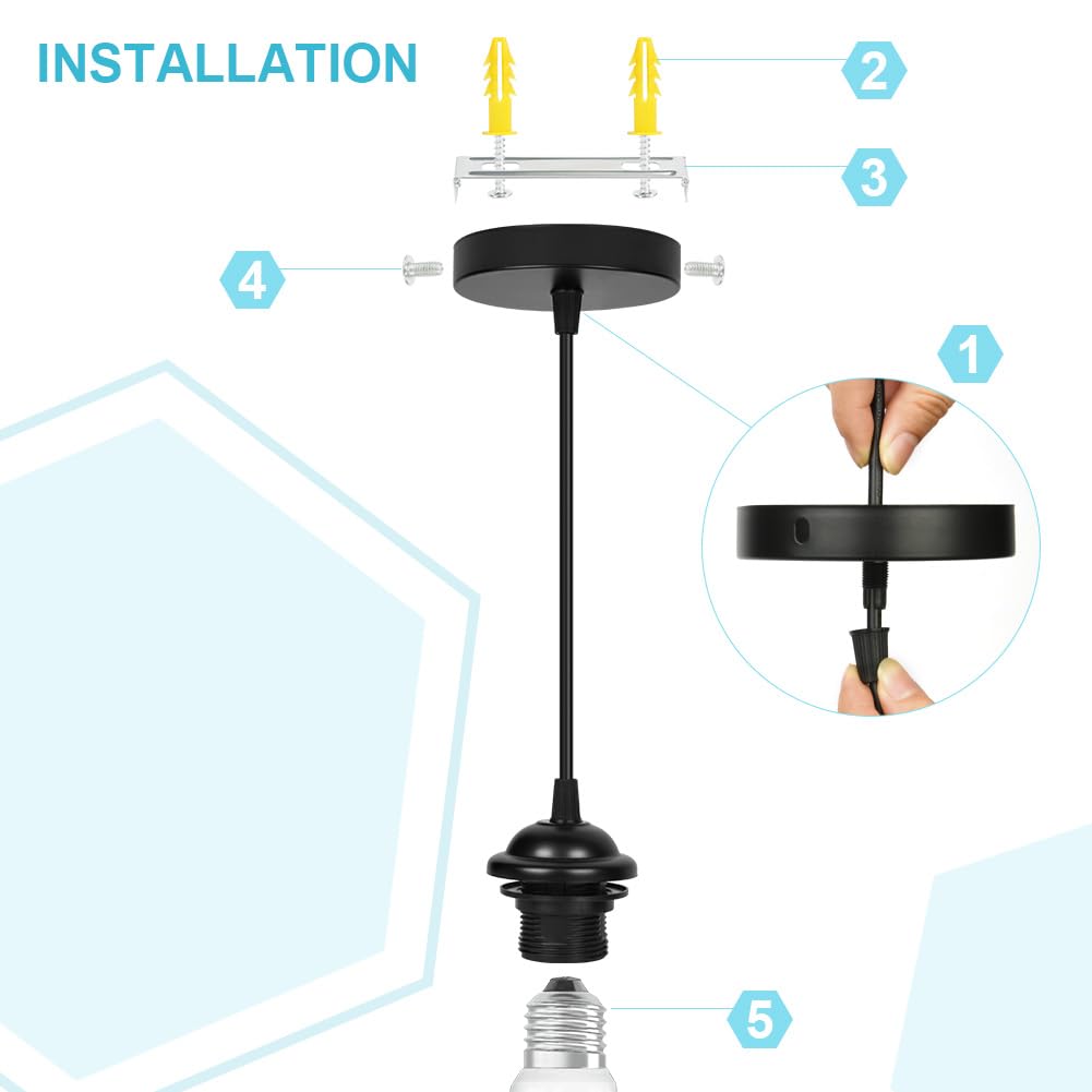 AUAUY 2 Pack Black Pendant Light Fitting, E27 Lamp Holder for Ceiling Pendant Light with 90CM Adjustable Cable - Image 4