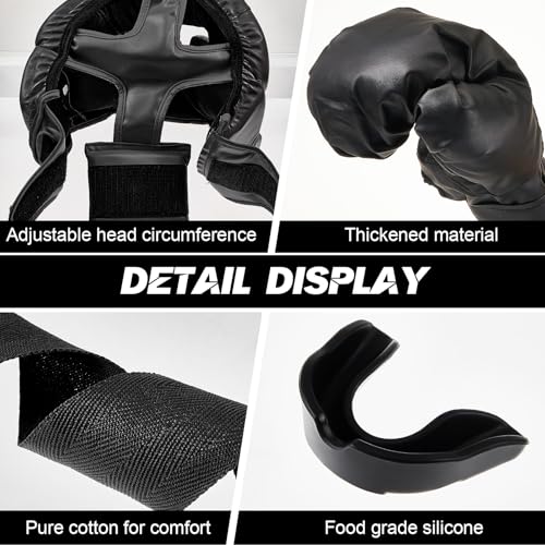 Kanayu 7 Pcs Boxing Set 16 Ounce Boxing Gloves Headgear Helmet Hand Wraps Mouth Guards Equipment for Adults Youth Beginners Training Equipment(Black White-Edge) - Thumbnail 3
