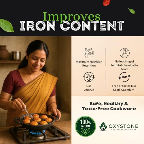 Image of kyyte OxyStone Pre-Seasoned Cast Iron Appe Pan Round 9 Cavities,Paniyaram,Muffin,Appam,Gunta Ponganalu,Paddu Pan Naturally Nonstick Cast Iron,100% Pure,No Chemical Coating,Gas,Induction,OTG Friendly.