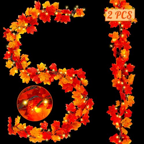 Helimoto HELIFALL3-2 Pack Fall Decorations For Home, 18Ft Fall Garland For Mantle, 100 Orange Bulbs Plug In Fall Garland With Lights cover