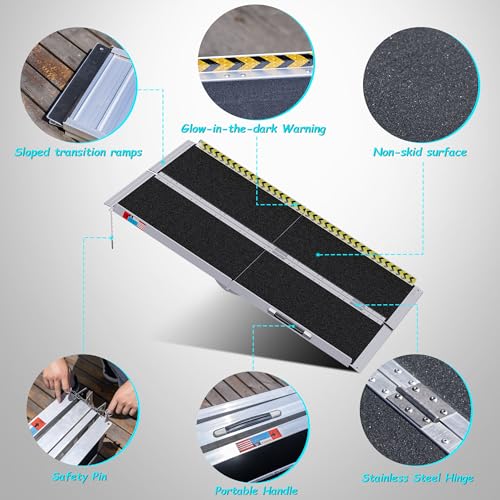 Image of WHALEMOTOR Portable Wheelchair Ramp 5FT, Anti-Slip Aluminum Folding Portable Ramp, Wheelchair Ramps for Home, Weight Capacity Up to 800 LBS, with Transition Plates Above and Below, Loading Dock Plates