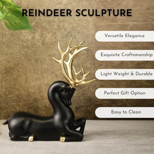 Image of ARMONIA Black Reindeer Figurine with Gold-Toned Antlers Seated Decorative Statue in Lightweight & Durable Design | Luxury Home Decor Accent & Perfect Gifting, Figurine for Home Decor Gift,Housewarming