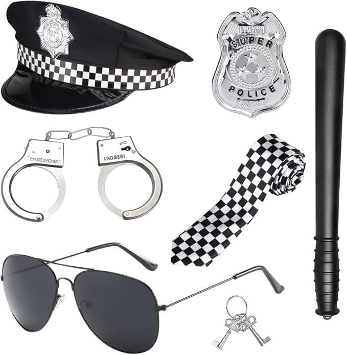 Zac's Alter Ego Adult Police Costume Set - Six Accessories: Hat, Handcuffs, Badge, Aviators, Baton, Tie - Police Woman or Man Halloween Fancy Dress | Stag Night Do Outfit