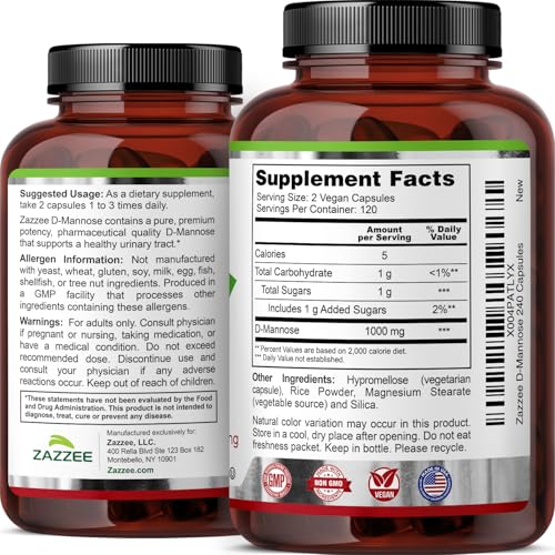 Image of Zazzee D-Mannose, 1000 mg per Serving, 240 Vegan Capsules, 4 Month Supply, Potent & Fast-Acting, Certified Kosher, 100% Pure, All-Natural Urinary Tract Health Support, 100% Vegetarian, Non-GMO