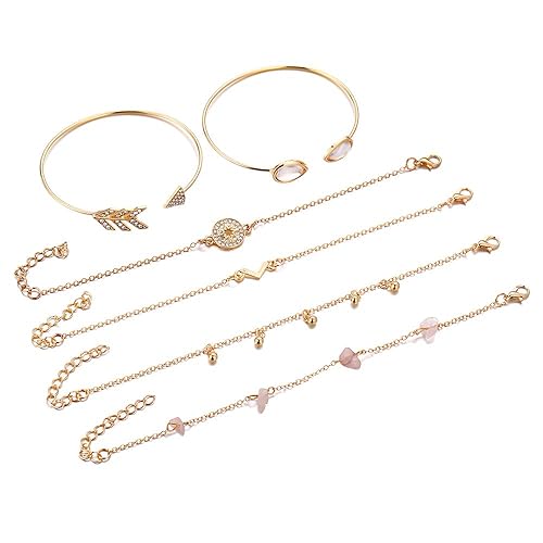 Swanky Diva Latest Trendy Multilayer Bracelets 6 pcs Set stylish Gold Plated fancy Charm White Flower, Uncut White Beads, Traditional & Western Combination Bracelets for Women Girls