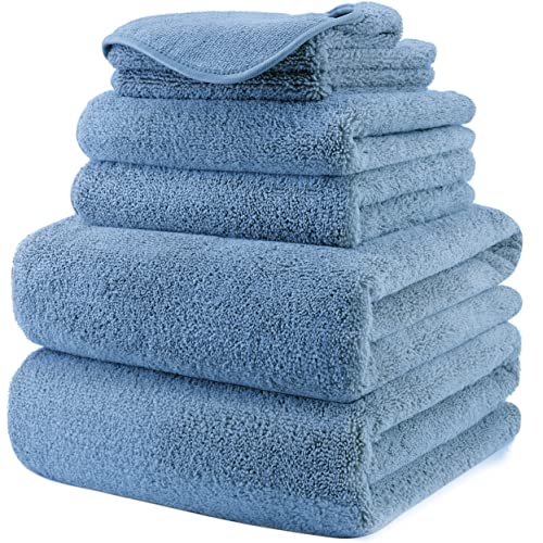 POLYTE Plush Quick Dry Lint Free Microfibre Bath Towel Set, 6 Pieces (Blue)