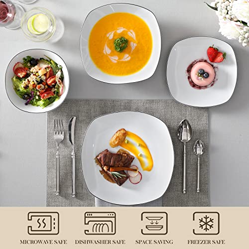 Image of MALACASA Dinnerware Sets, 24 Piece Porcelain Square Dishes, White with Black Rim Plates and Bowls Sets, Ceramic Dish Set for 6, Chip Resistant Dishware Sets, Series ELISA