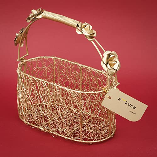 Image of metal meshwire multipurpose hamper Fancy Basket /Tray /Platter with handles for Packing, Gifting, Decoration - Golden (8 * 4 * 4 inch)