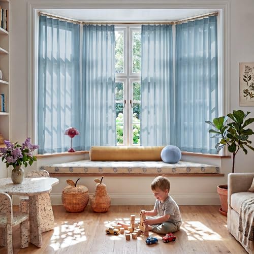 Image of NICETOWN Stone Blue Sheer Curtains for Kids Room, W42xL63, 2 Panels | Rod Pocket Lightweight Drapes Voile Sheer Air & Breathable Home Decor Window Treatments for Bedroom