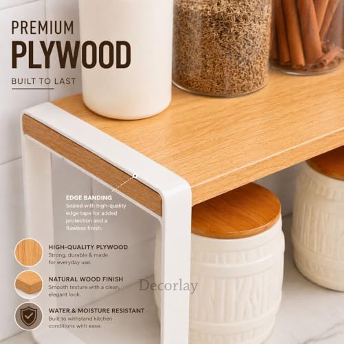 Image of Decorlay Metal & Wooden Spice Rack Countertop Organizer Space Saver Counter-Top Storage For Kitchen, Tabletop, Floor Standing Bathroom, Office, And Cosmetics (White + Beech, Single - Tier)
