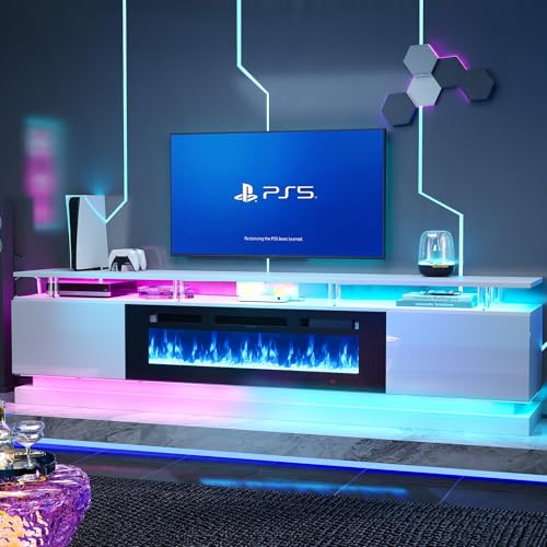 Breezestival 80' Modern Fireplace TV Stand for TVs up to 90', White Entertainment Center with Black Electric Fireplace,Storage Cabinets&Adjustable LED Light, Media Console for Living Room