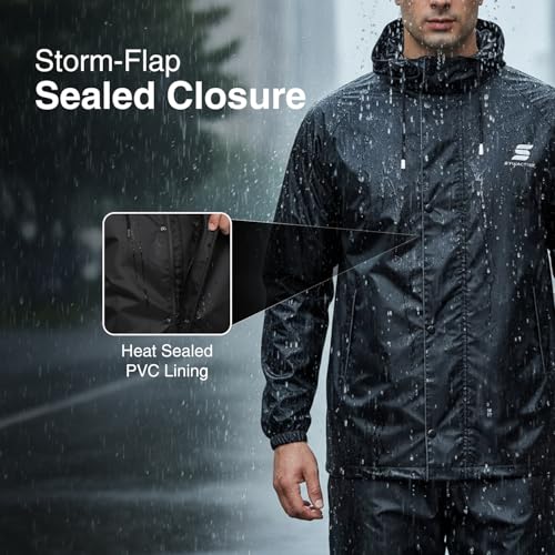 Image of Amazon Brand - Symactive Raincoat with Jacket, Pants, Hood and Carry Bag | Polyester Shell with Heat Sealed PVC Lining | Inner Mobile Pocket | Plastic Peak Hood | Unisex, Black, S
