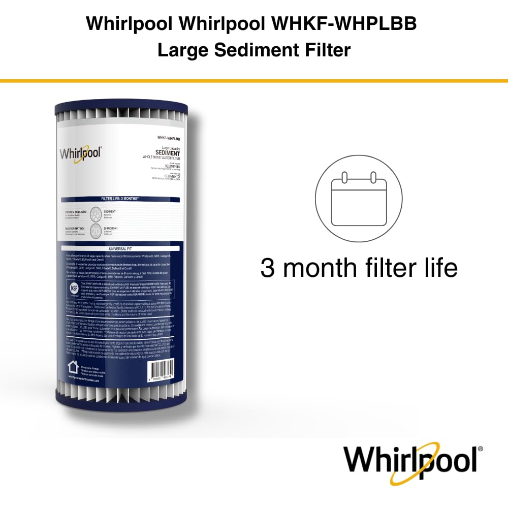 Whirlpool Whole Home #WHKF-WHPLBB, filtre plissé de grande capacité, filtration 30 microns, durée de vie du filtre de 3 mois, réduit les sédiments, le sable, le limon et la rouille