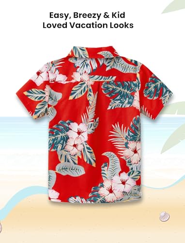 Image of PATPAT Family Matching Hawaiian Outfits - Matching Hawaiian Shirts for Family Tropical Palm Leaf Print Beach Short Sleeve Polo Shirt Father Son Matching Shirts Red Flower Boy 8-9 Years