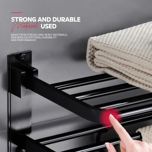 Image of MIORAH 24 Inch Foldable Aluminum Towel Rack for Bathroom - Wall Mounted Double - Tier Towel Holder with Rod & Hooks | Rustproof Black