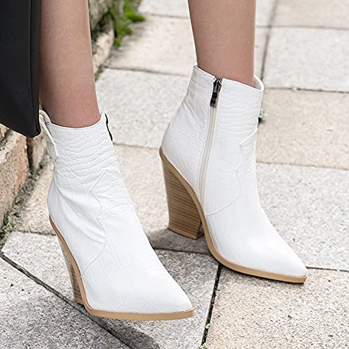 Lehoor Women Western Booties Chunky Heel Animal Print Side Zipper Cowboy Ankle Boots White Crocodile Pattern High Stacked Heel White Pointed Toe Short Boots Mid Calf Matte Classic Sexy Party Work 7.5 M Us #TOP4