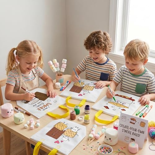 Image of Marshmallow Coloring Goodies Bags for Kids - 24Pcs Campfire Camping Bulk Color Your Own Gift Bags with Handle Marshmallow Reusable Non Woven Coloring Tote Bag for DIY Activity Birthday Party Supplies