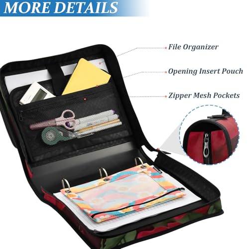 Image of Red Rose Black Roses Zipper Binder Bag 3 Ring Binder with Shoulder Strap Zip Up 500 Sheets Capacity Multi Pockets for School Office Supplies