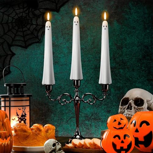 Image of Eldnacele Ghost Halloween Flameless Taper Candles Battery Operated with Remote Timer Set of 2 White LED Flickering Candle Real Wax 3D Wick Long Lasting Spooky Dinner Indoor Decor(0.79 inch D x 9.5 inch H)