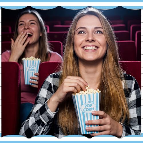 Image of Xinnun 100 Pcs Popcorn Boxes 32 oz Classic Stripe Paper Popcorn Buckets Bulk Disposable Oil Proof Container Vintage Retro Open Top Holders for Movie Night Supply Theater Carnival Party(Blue)
