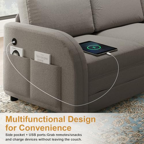 Image of KCGKCG 115.2 inch L Shaped Couch Bed, Sectional Couches for Living Room, Teddy Fabric Sleeper Sofa Bed with Pull Out Couch, Convertible Sectional Couch with Charging Station & Side Pocket, Light Grey