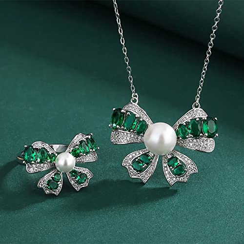 White Pearl Esmeralda Gemstone Bow Posting Collar Anillos para Mujeres Conjuntos de joyería de Boda Accesorios