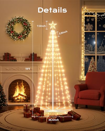 Christmas Cone Tree Light, 7.5ft 295 LED Light Show Christmas Tree with 8 Modes Timer Remote, Dimmable Artificial Christmas Tree for Porch Yard Patio Indoor Outdoor Xmas Holiday Decor, Warm White - Image 6