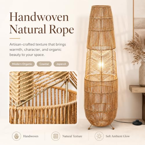 Image of Hand Woven Rattan Floor Lamp,Boho Standing Lamps for Living Room | Handcrafted Wicker Shade,No Assembly Required,Unique Shadow Effects,Foot Switch Control,36 Inch Tall,3 Color Temperature