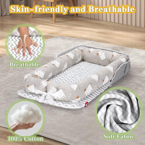 Image of Baby Lounger 0-24 Months,Portable Baby Lounger for Newborn Breathable Cotton for Home and Travel with Strap,Infant Lounger Adjustable Size,Elephant Grey