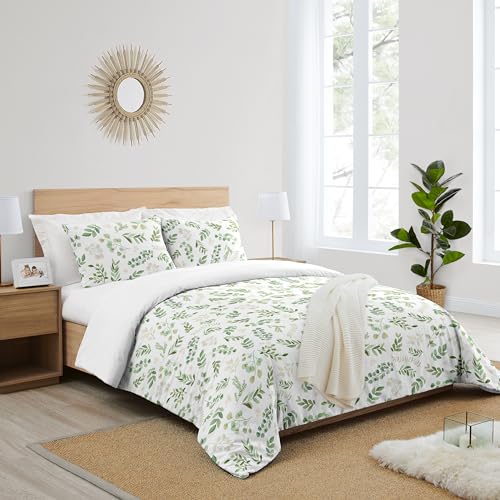 Image of Sweet Jojo Designs Floral Leaf Girl Full /Queen Bedding Comforter Set Kids Childrens Size - 3 Pieces - Green and White Boho Watercolor Botanical Woodland Tropical Garden