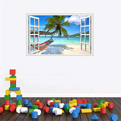Rajahubri Beach Seascape Window Wall Sticker Palm Tree And Hammock Fake Window Wall Decals Removable Tropical Sea Window View Wall Stickers Decal For Living Room #TOP2