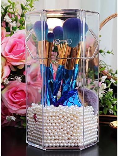AIYoo Clear Acrylic Makeup Organizer Brush Holder with Free White Pearls and Dustproof Lid Cosmetic Brush Storage Box,for Bathroom Bedroom Vanity Countertop