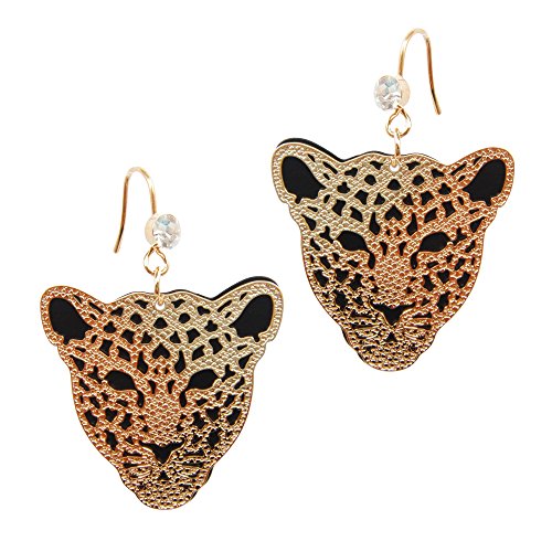 Navachi 18k Gold Plated Cheetah Hollow Leopard Head Crystal 2-layer Dangle Drop Earrings
