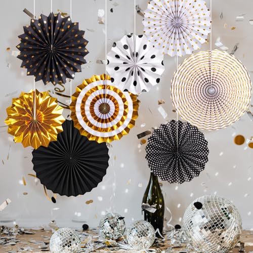 Image of Black and Gold Decorations, Hanging Honeycomb Paper Pompoms Fan for Graduation Birthday Wedding Photo Backdrop Prom Night New Years Black and Gold Party Decorations, Set of 8